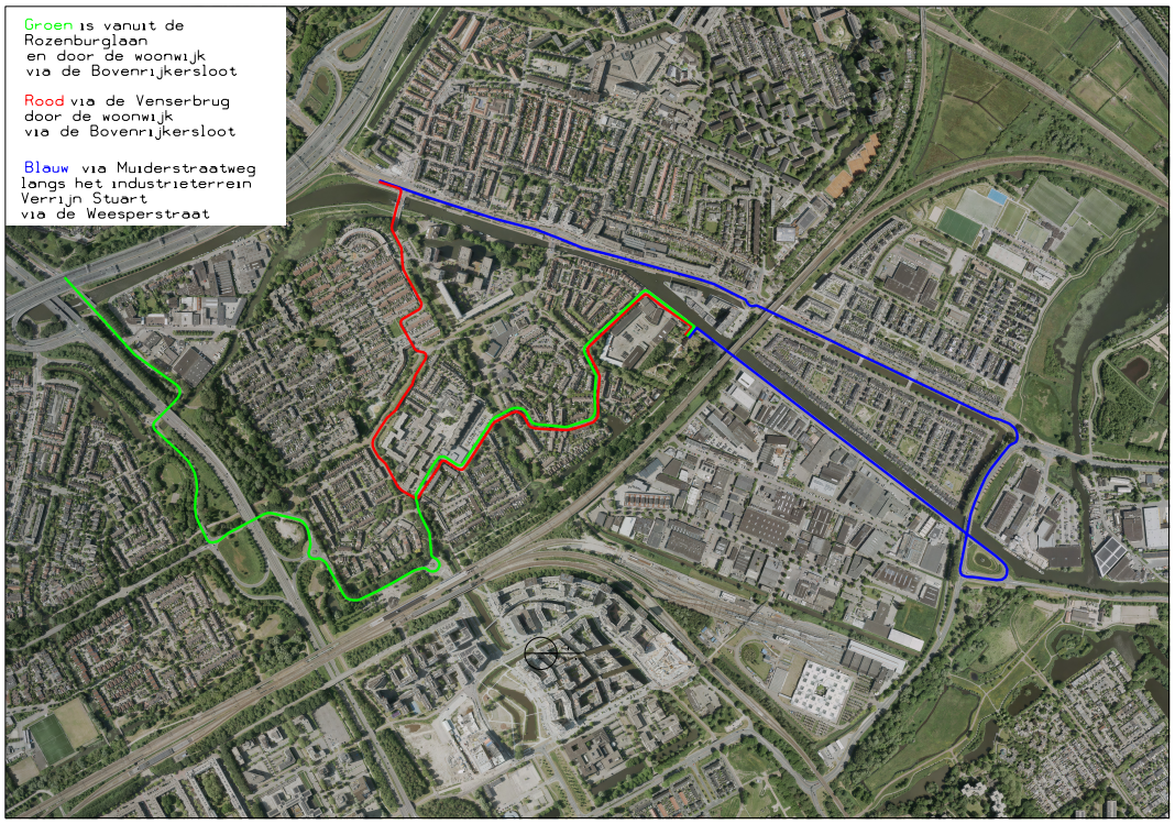 Kaart met andere routes naar Begraafplaats Rustoord. De groene route loopt vanuit de Rozenburglaan en door de woonwijk via de Bovenrijkersloot. De rode route loopt via de Venserbrug door de woonwijk via de Bovenrijkersloot. De blauwe route gaat via de Muiderstraatweg en langs het industrie terrein Verrijn Stuart via de Weesperstraat.